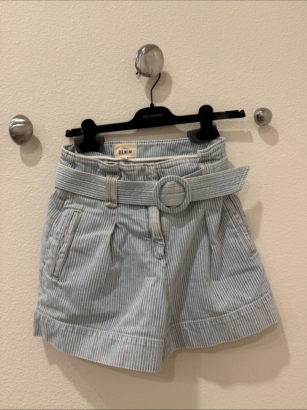 Sezane Striped Paperbag Waist Denim Shorts with Belt - Light Blue